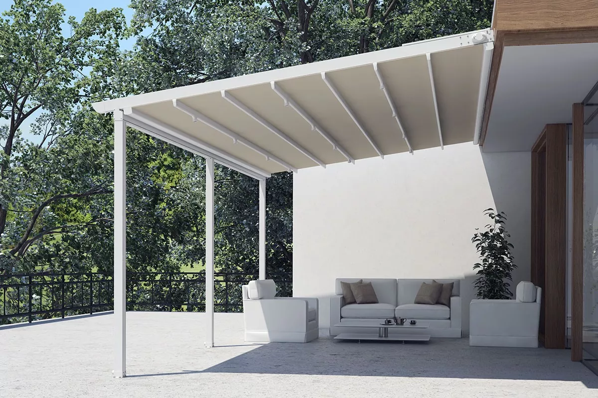 Vionta electric retractable pergola — closed canopy view, aluminum frame